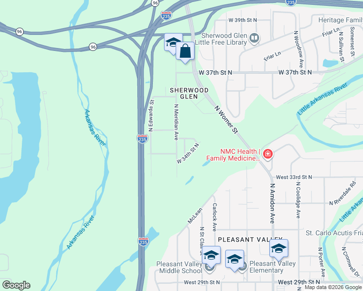 map of restaurants, bars, coffee shops, grocery stores, and more near 3513 North Sedgwick Street in Wichita