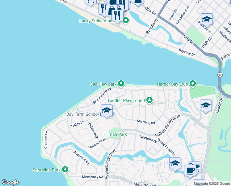 map of restaurants, bars, coffee shops, grocery stores, and more near 725 Harbor Road in Alameda
