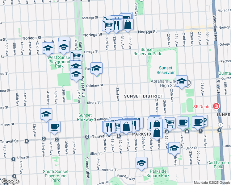 map of restaurants, bars, coffee shops, grocery stores, and more near 2125 32nd Avenue in San Francisco