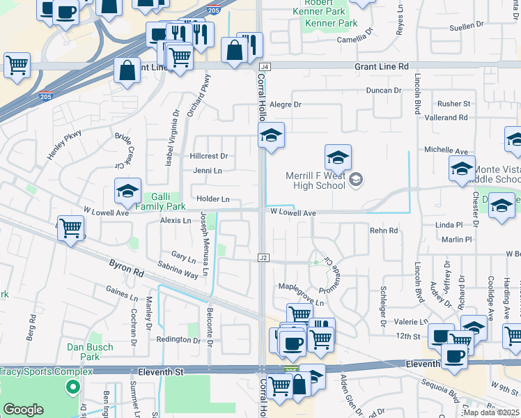 map of restaurants, bars, coffee shops, grocery stores, and more near 1975 West Lowell Avenue in Tracy