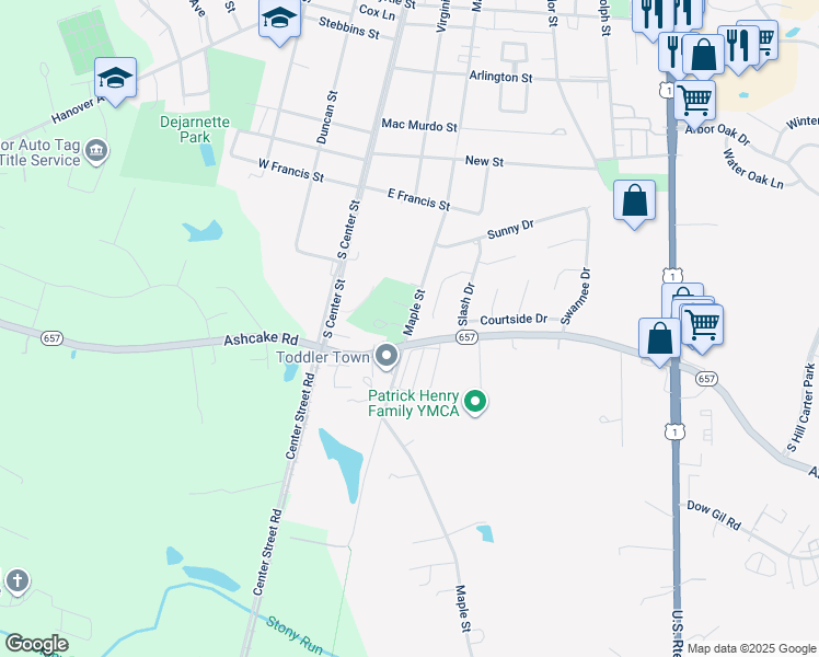 map of restaurants, bars, coffee shops, grocery stores, and more near 1183 Maple Street in Ashland