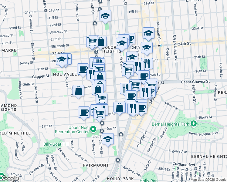 map of restaurants, bars, coffee shops, grocery stores, and more near 3821 Cesar Chavez in San Francisco