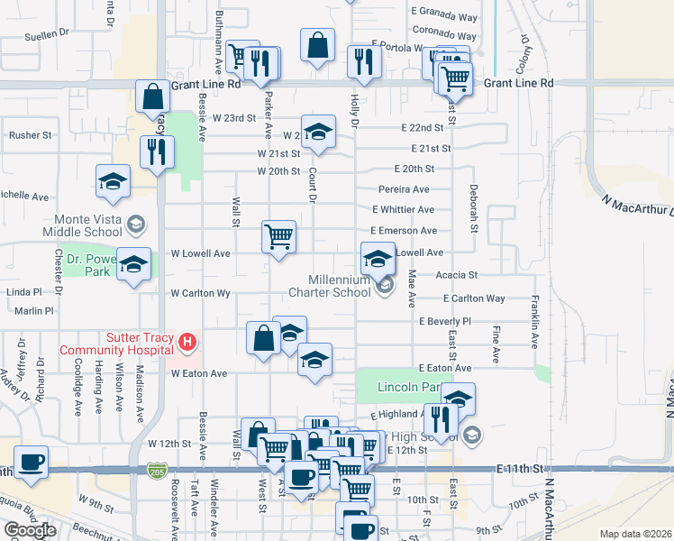 map of restaurants, bars, coffee shops, grocery stores, and more near 42 West Lowell Avenue in Tracy