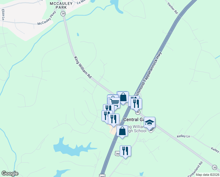 map of restaurants, bars, coffee shops, grocery stores, and more near 11881 King William Road in Aylett