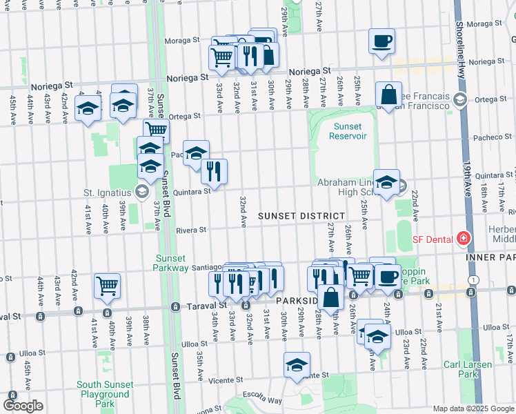 map of restaurants, bars, coffee shops, grocery stores, and more near 2147 31st Avenue in San Francisco