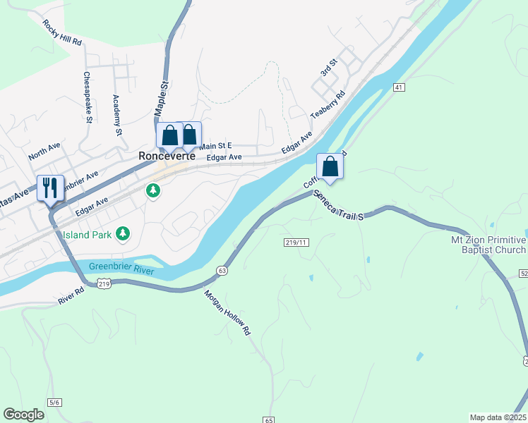 map of restaurants, bars, coffee shops, grocery stores, and more near 5842 Seneca Trail South in Ronceverte