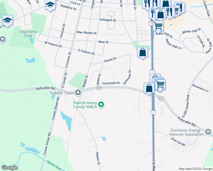 map of restaurants, bars, coffee shops, grocery stores, and more near 109 Courtside Drive in Ashland