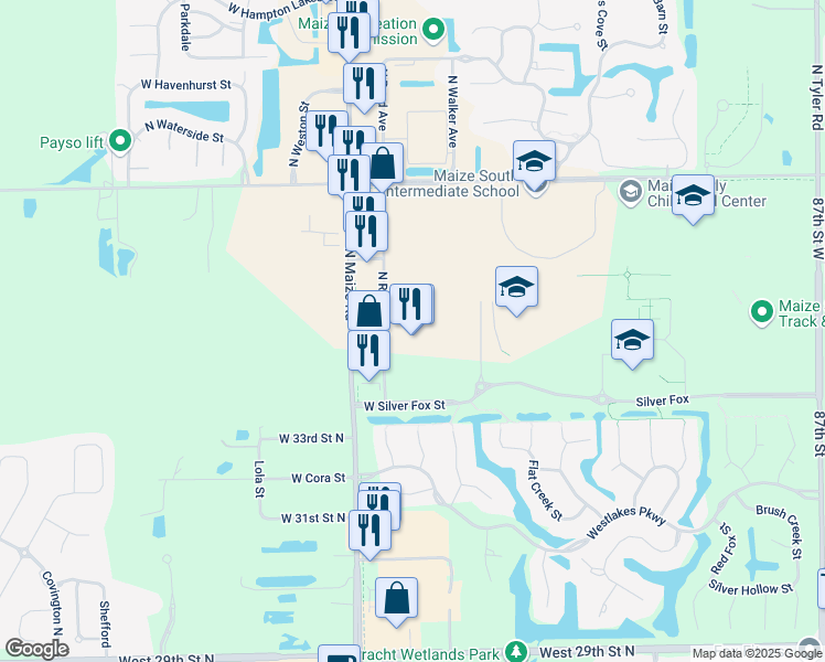 map of restaurants, bars, coffee shops, grocery stores, and more near 3540 North Maize Road in Wichita