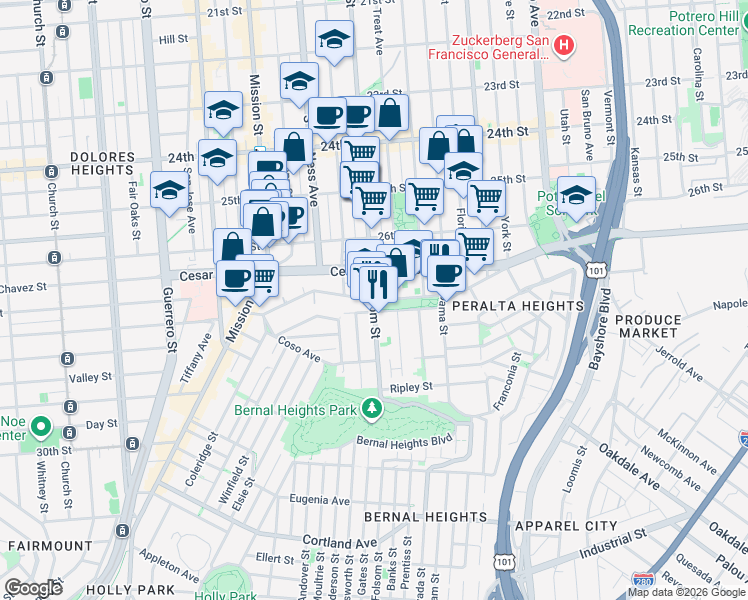 map of restaurants, bars, coffee shops, grocery stores, and more near Folsom St & Precita Ave in San Francisco