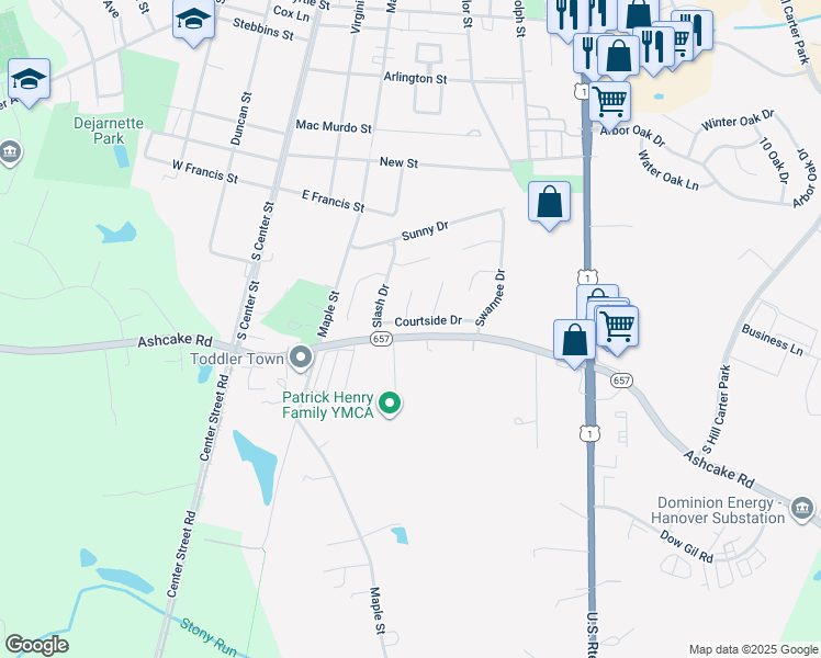 map of restaurants, bars, coffee shops, grocery stores, and more near 109 Courtside Drive in Ashland