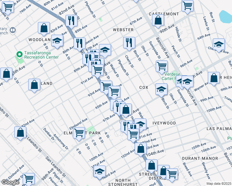 map of restaurants, bars, coffee shops, grocery stores, and more near 1427 94th Avenue in Oakland