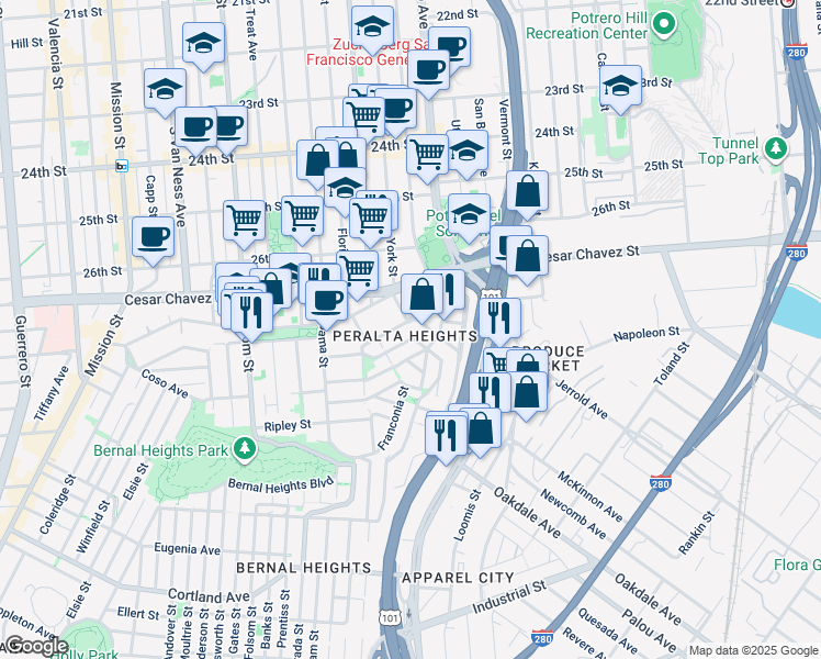 map of restaurants, bars, coffee shops, grocery stores, and more near in San Francisco
