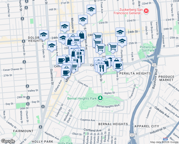 map of restaurants, bars, coffee shops, grocery stores, and more near in San Francisco