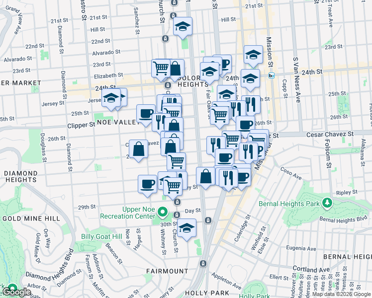 map of restaurants, bars, coffee shops, grocery stores, and more near 3821 Cesar Chavez in San Francisco