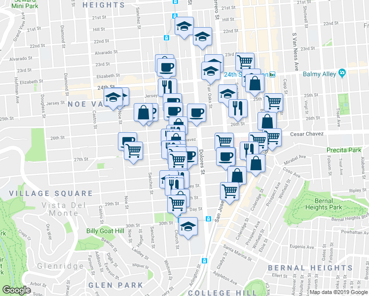 map of restaurants, bars, coffee shops, grocery stores, and more near 3821 Cesar Chavez in San Francisco