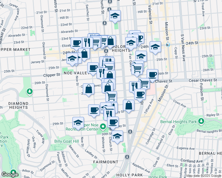 map of restaurants, bars, coffee shops, grocery stores, and more near 1459 Church Street in San Francisco