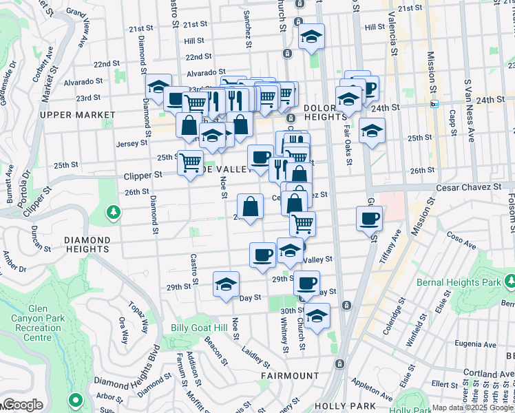 map of restaurants, bars, coffee shops, grocery stores, and more near 4035 Cesar Chavez in San Francisco