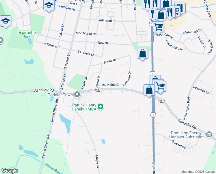 map of restaurants, bars, coffee shops, grocery stores, and more near 111 Courtside Drive in Ashland