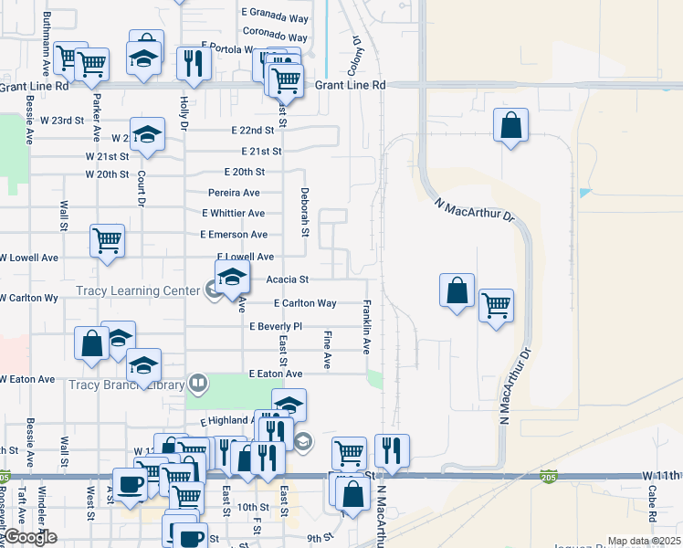 map of restaurants, bars, coffee shops, grocery stores, and more near 409 Acacia Street in Tracy