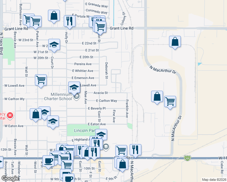 map of restaurants, bars, coffee shops, grocery stores, and more near 341 Acacia Street in Tracy