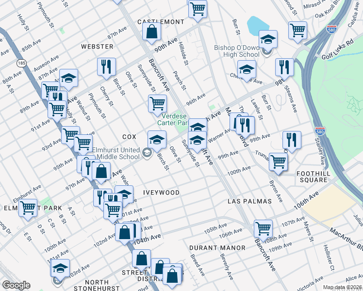 map of restaurants, bars, coffee shops, grocery stores, and more near 9809 Sunnyside Street in Oakland