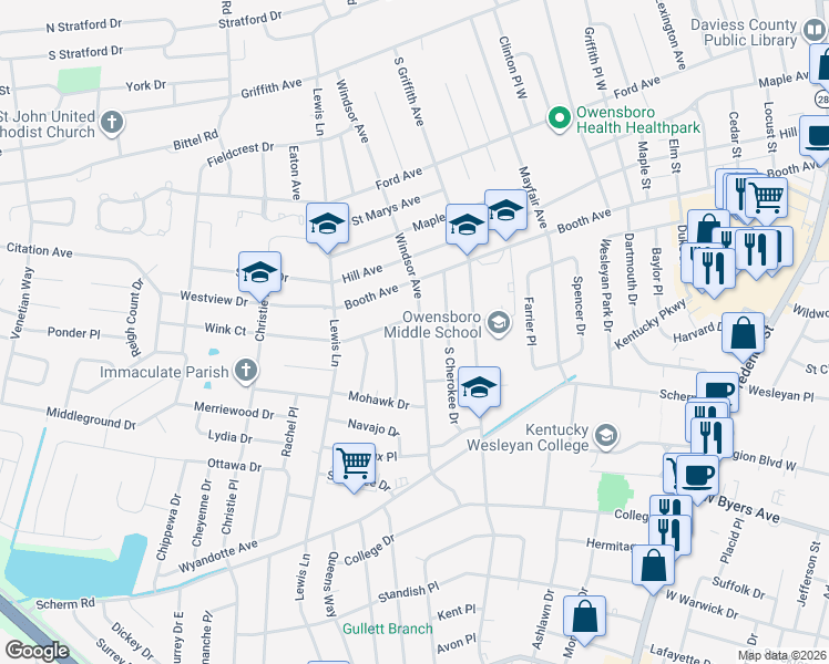 map of restaurants, bars, coffee shops, grocery stores, and more near 2500 Windsor Ave in Owensboro