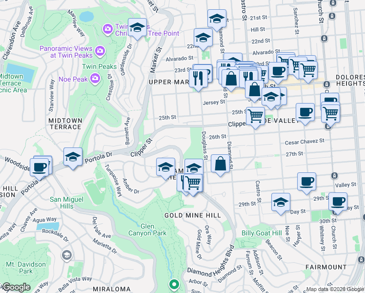 map of restaurants, bars, coffee shops, grocery stores, and more near 180 Carnelian Way in San Francisco