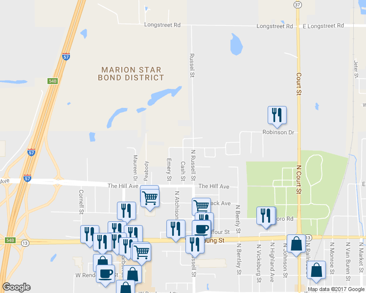 map of restaurants, bars, coffee shops, grocery stores, and more near 1701 Cash Street in Marion