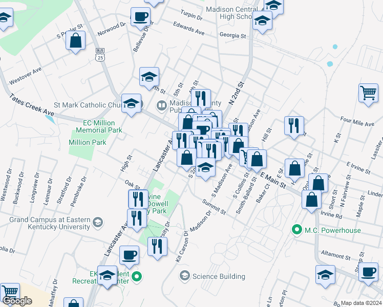 map of restaurants, bars, coffee shops, grocery stores, and more near 216 West Water Street in Richmond