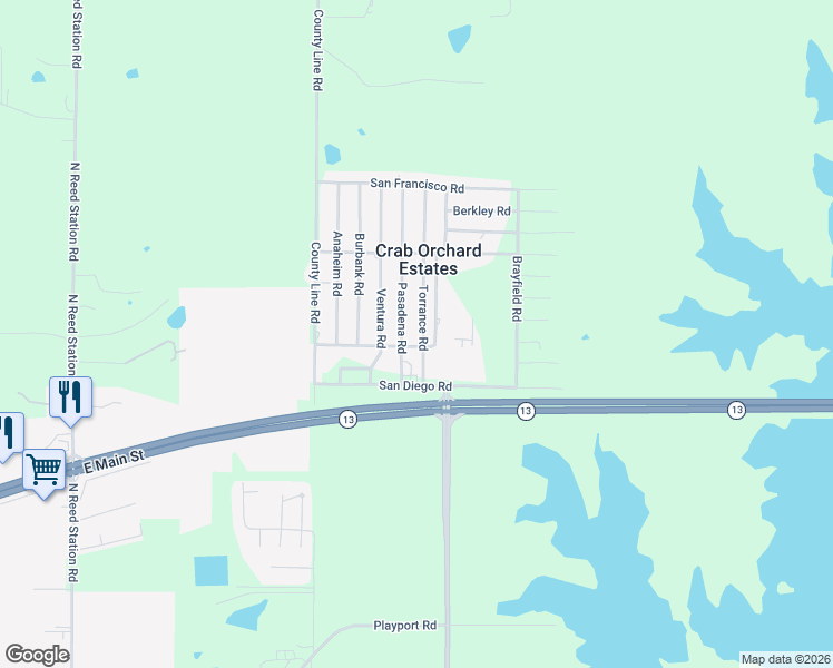 map of restaurants, bars, coffee shops, grocery stores, and more near 10600-10754 Torrance Rd in Carbondale
