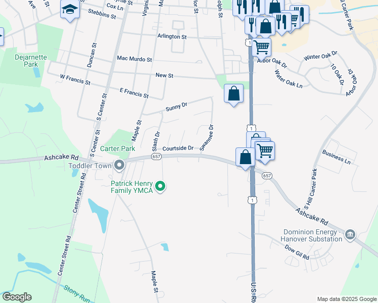 map of restaurants, bars, coffee shops, grocery stores, and more near 121 Courtside Drive in Ashland