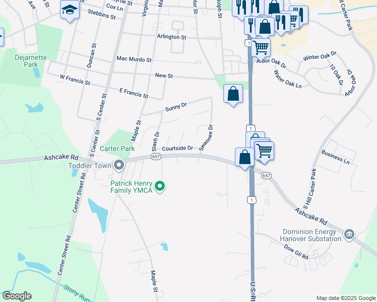 map of restaurants, bars, coffee shops, grocery stores, and more near 121 Courtside Drive in Ashland
