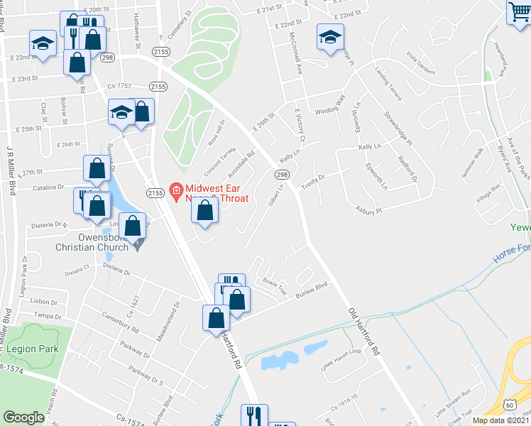 map of restaurants, bars, coffee shops, grocery stores, and more near 1307 Gilbert Lane in Owensboro