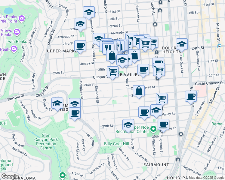 map of restaurants, bars, coffee shops, grocery stores, and more near Castro Street & Cesar Chavez Street in San Francisco