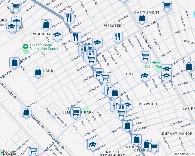 map of restaurants, bars, coffee shops, grocery stores, and more near 1380 93rd Avenue in Oakland