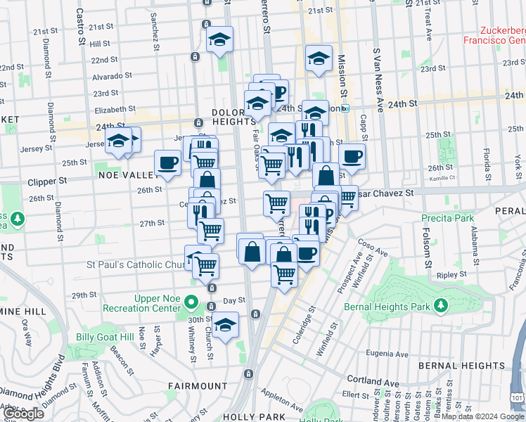 map of restaurants, bars, coffee shops, grocery stores, and more near 3771 Cesar Chavez in San Francisco