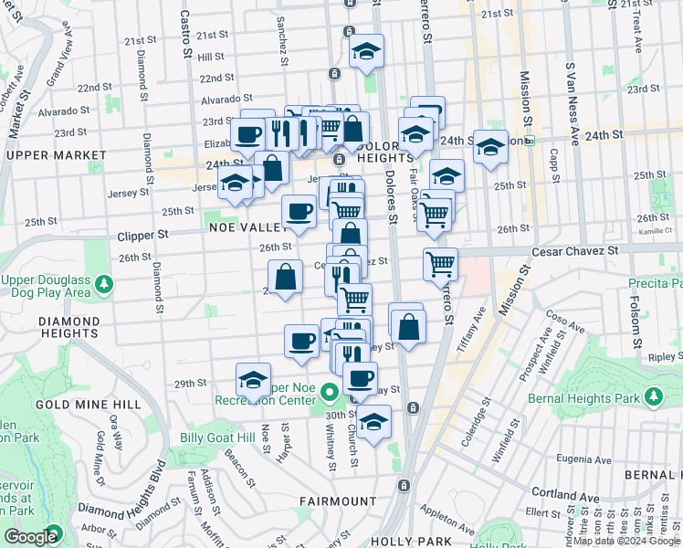 map of restaurants, bars, coffee shops, grocery stores, and more near 1459 Church Street in San Francisco