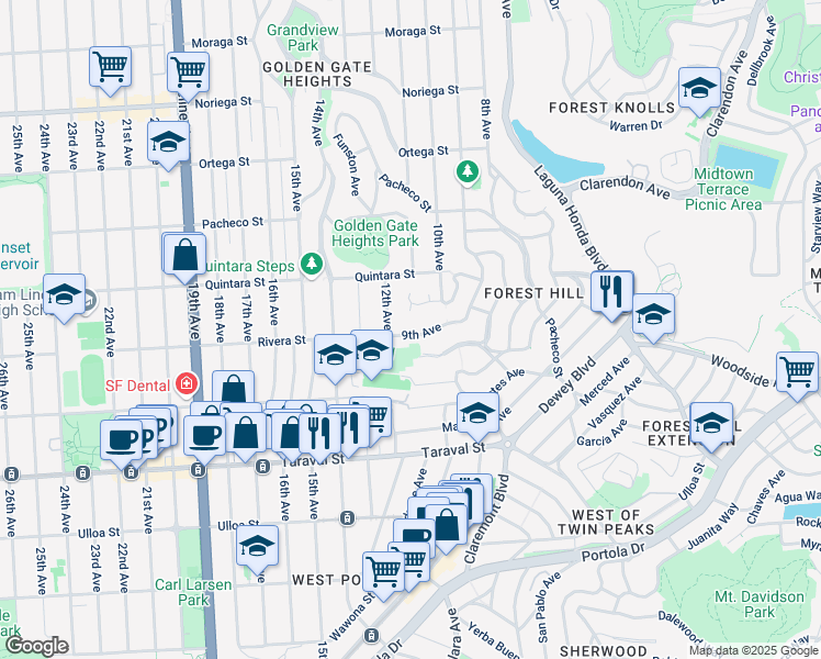 map of restaurants, bars, coffee shops, grocery stores, and more near 143 Mendosa Avenue in San Francisco