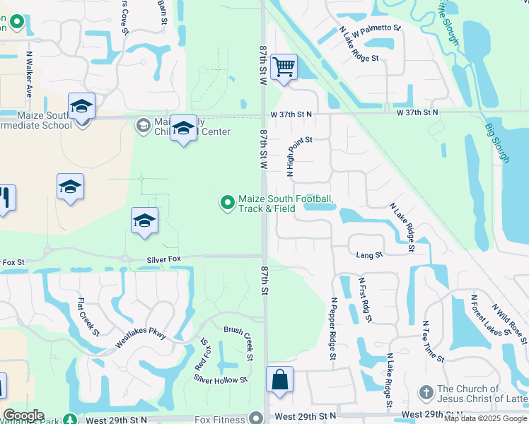 map of restaurants, bars, coffee shops, grocery stores, and more near West Brookview Street in Wichita