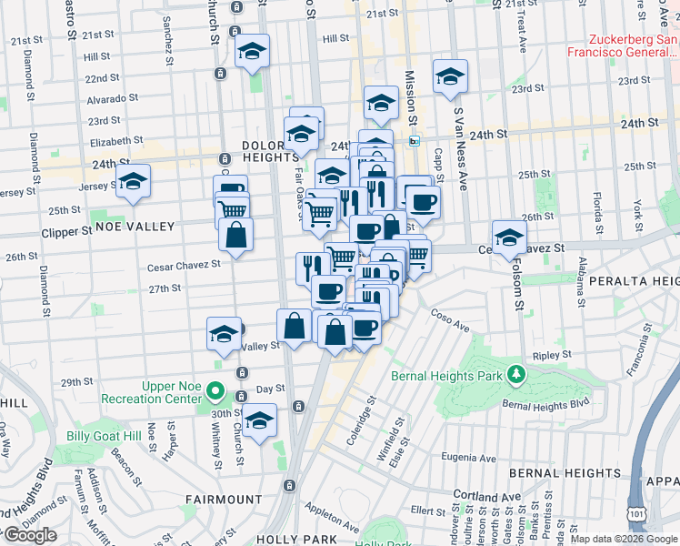 map of restaurants, bars, coffee shops, grocery stores, and more near 1486 Guerrero Street in San Francisco
