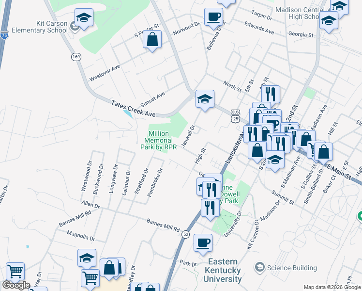 map of restaurants, bars, coffee shops, grocery stores, and more near 102 Janwell Drive in Richmond