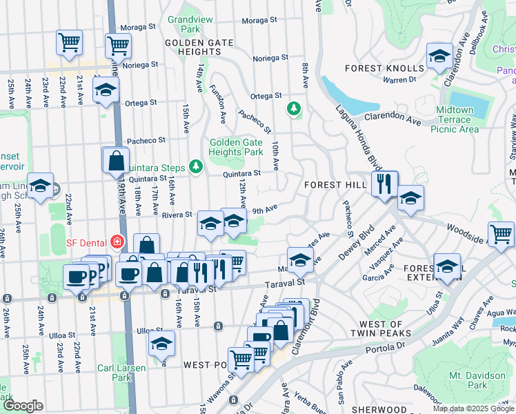 map of restaurants, bars, coffee shops, grocery stores, and more near 143 Mendosa Avenue in San Francisco