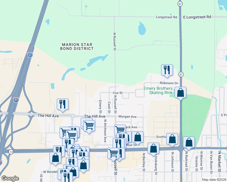 map of restaurants, bars, coffee shops, grocery stores, and more near 1709 Carol Drive in Marion