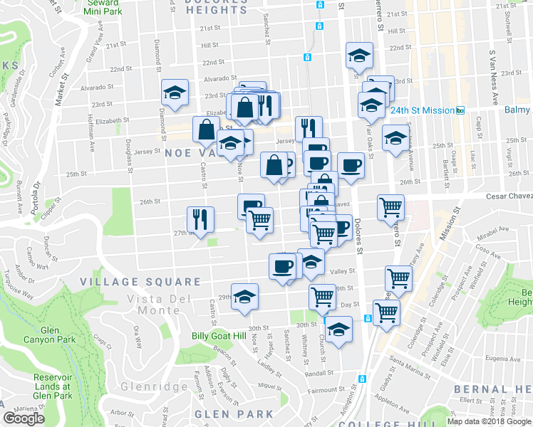 map of restaurants, bars, coffee shops, grocery stores, and more near 4035 Cesar Chavez in San Francisco
