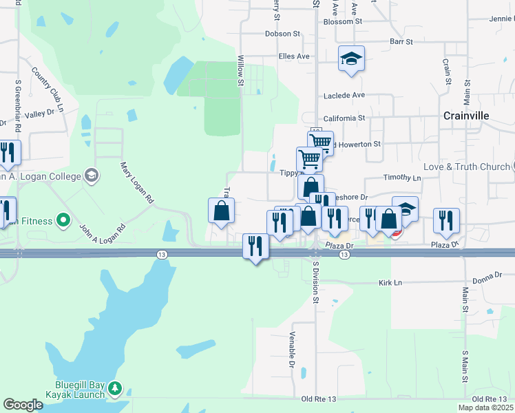 map of restaurants, bars, coffee shops, grocery stores, and more near 401-499 Marcia Dr in Carterville