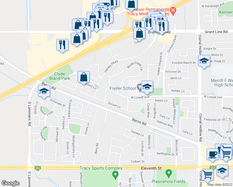 map of restaurants, bars, coffee shops, grocery stores, and more near Lowell Avenue & Bridle Creek Circle in Tracy