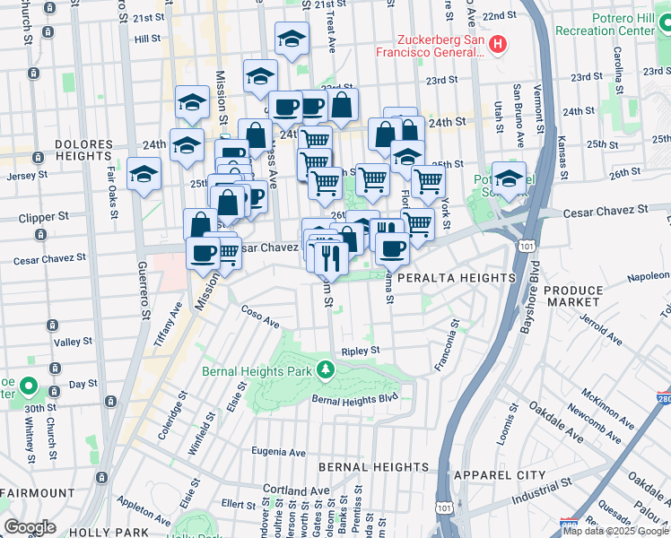 map of restaurants, bars, coffee shops, grocery stores, and more near 315 Precita Avenue in San Francisco