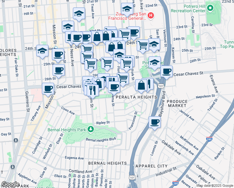 map of restaurants, bars, coffee shops, grocery stores, and more near 548 Precita Ave in San Francisco