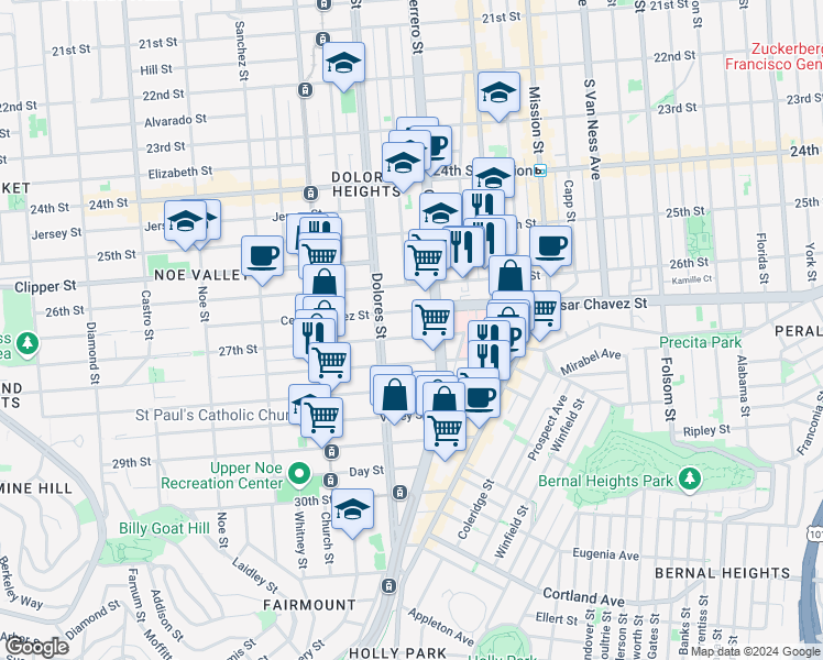 map of restaurants, bars, coffee shops, grocery stores, and more near 3771 Cesar Chavez in San Francisco