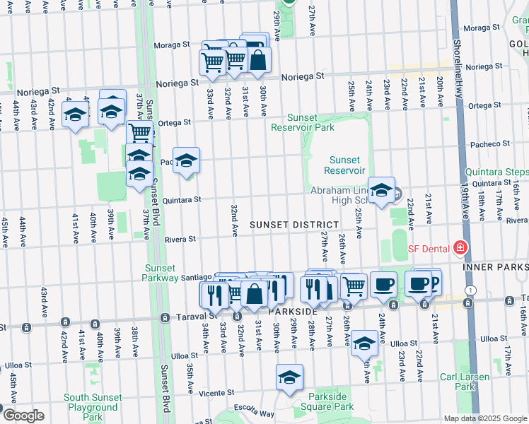 map of restaurants, bars, coffee shops, grocery stores, and more near 2130 31st Avenue in San Francisco